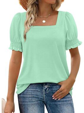 Women's 1 Aqua Square Neck Top Summer Casual Outfit Ruffle Trim Sleeve T Shirt